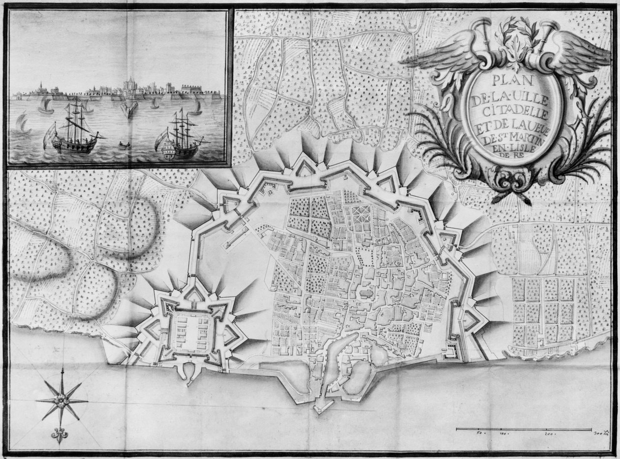 Plan över staden och citadellet Saint-Martin-de-Re, Ile de Re (penna och wc på papper) av French School