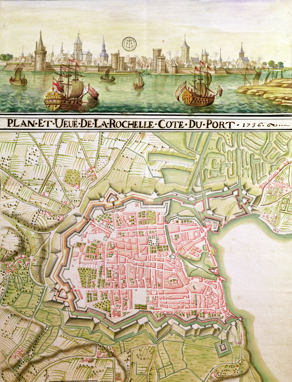 Plan över staden La Rochelle, 1736 av French School