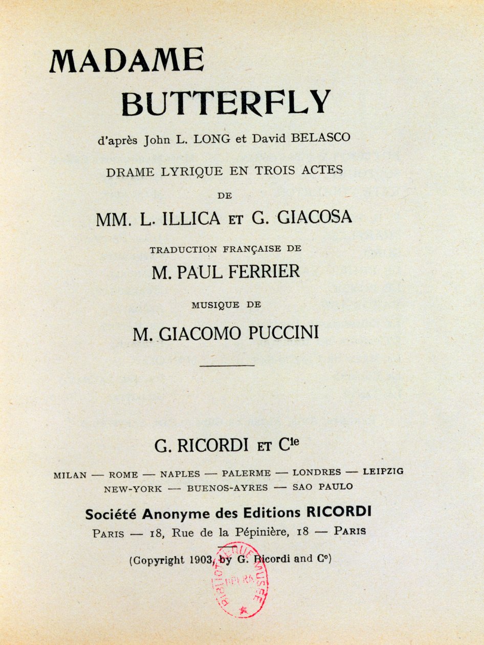 Spelbiljett till "Madame Butterfly" av Giacomo Puccini (1858-1924) 1903 av French School