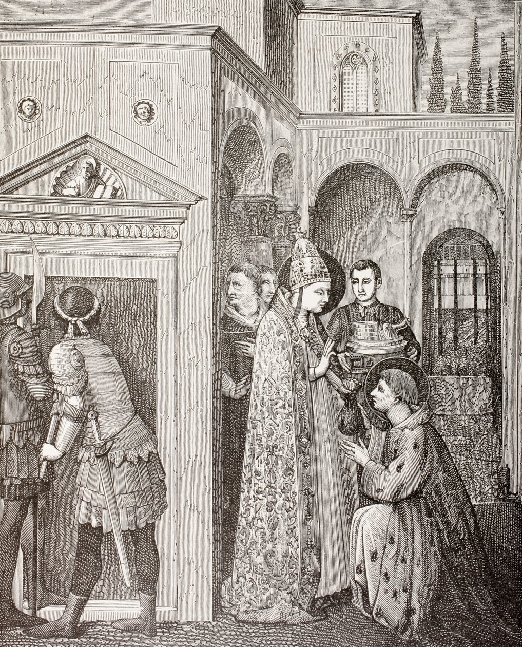 Påven Sixtus II, från "Militärt och religiöst liv under medeltiden" av Paul Lacroix, publicerad i London ca 1880 av French School