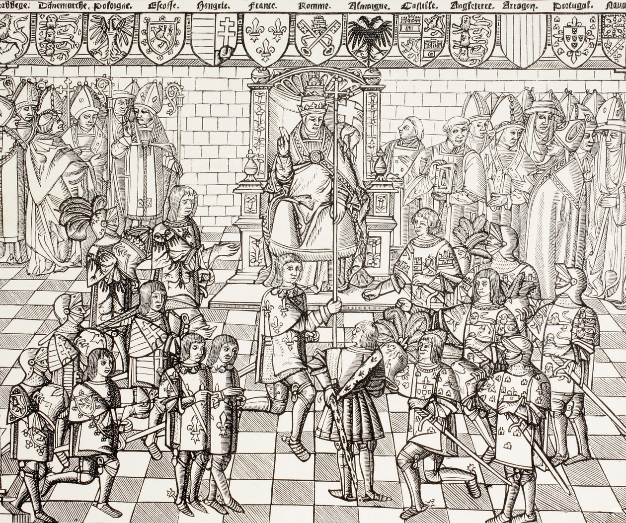 Påven Urban II som presiderade över rådet i Clermont 1095, från "Militärt och religiöst liv i medeltiden" av Paul Lacroix, publicerad i London ca 1880 av French School
