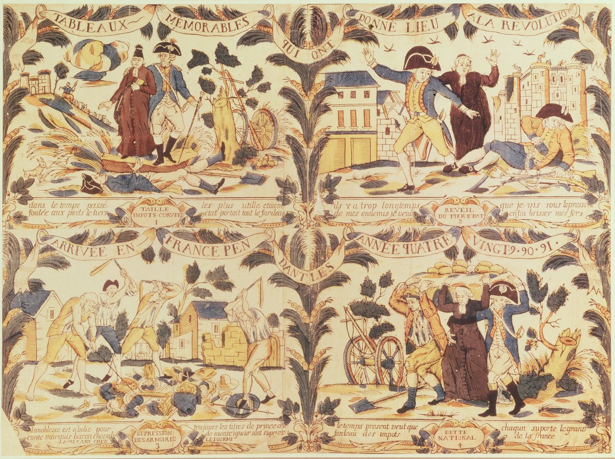 Populära bilder som i tecknade serier framhäver de främsta orsakerna till revolutionen i Frankrike, ca 1792 av French School