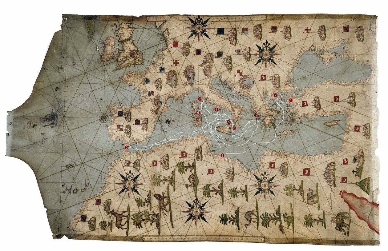 Portolan-karta över Medelhavskusten, som visar de olika stadierna av Ulysses-resan, som berättas i Homers Odyssey, 1593 (pergament) av French School