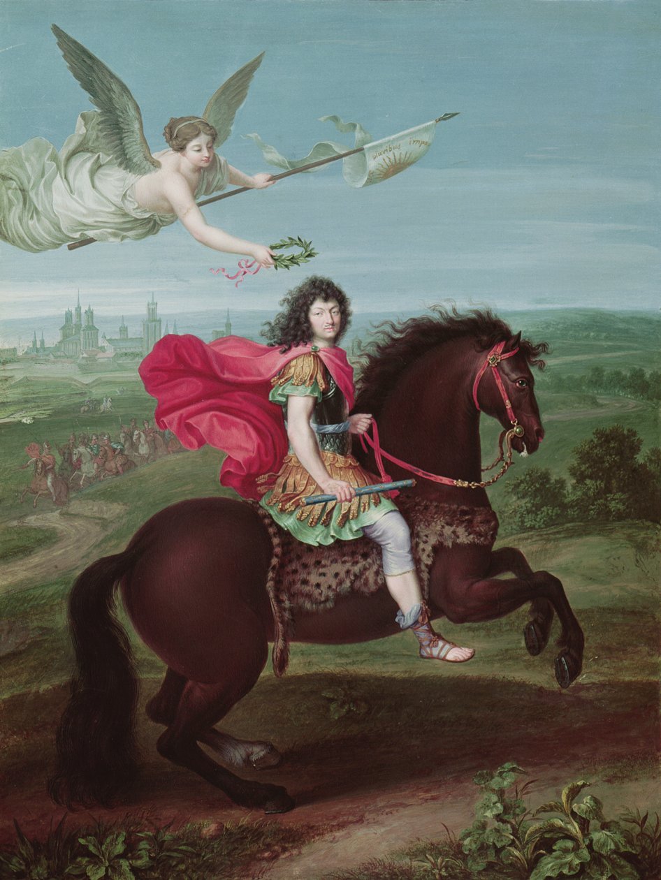 Porträtt av Ludvig XIV (1638-1715), frontispice för en bok med militära kampanjkartor av French School