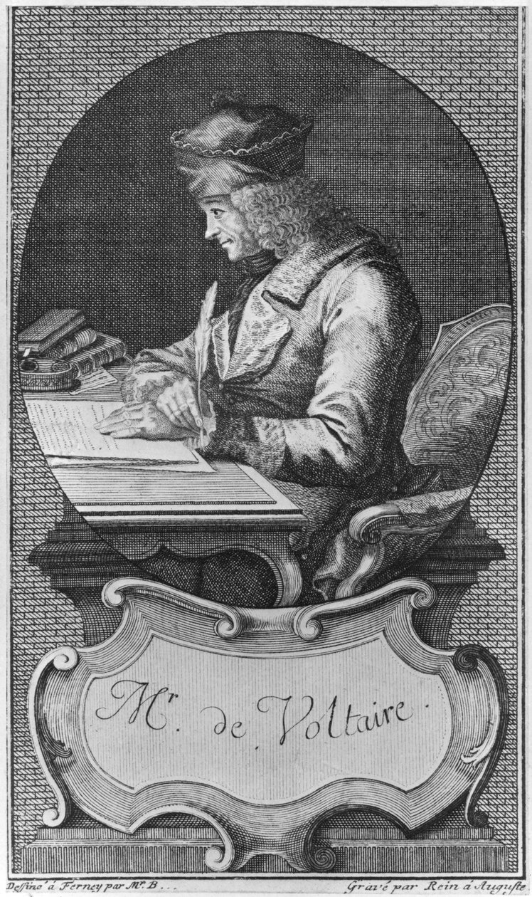 Porträtt av Voltaire i Ferney, graverad av Joseph Friedrich Rein (1720-95) av French School