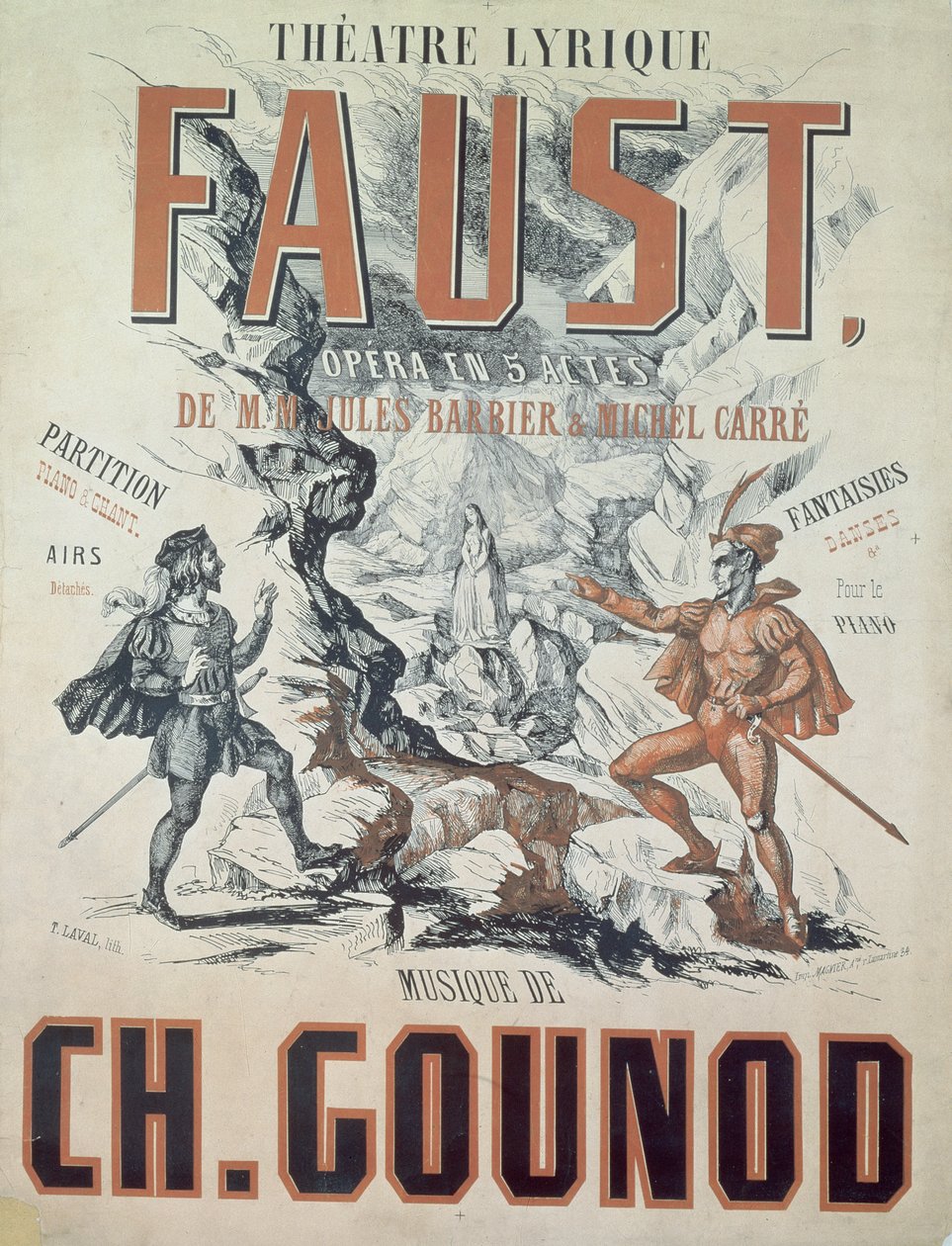 Affisch för Faust, opera av Charles Gounod (1818-93) 1875, graverad av T. Laval av French School