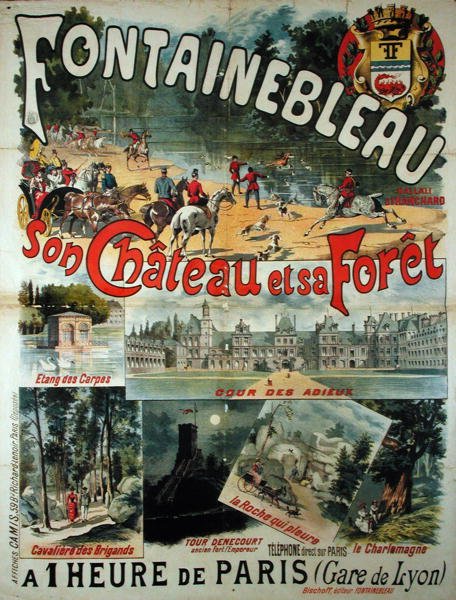 Affisch som annonserar slottet och skogen i Fontainebleau av French School