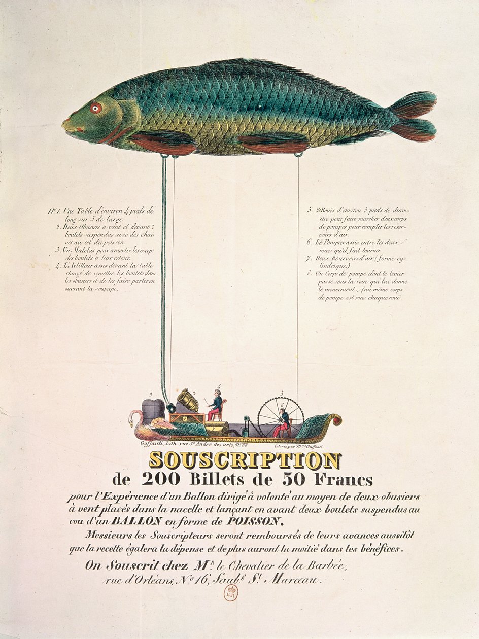Affisch som annonserar prenumerationen på en styrbar ballong i form av en fisk av French School