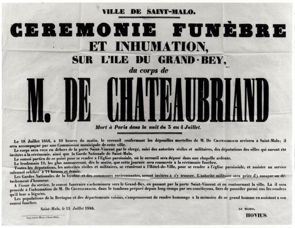 Affisch för Francois Rene de Chateaubriands (1768-1848) begravning i St.Malo 18 juli 1848 (tryck) av French School
