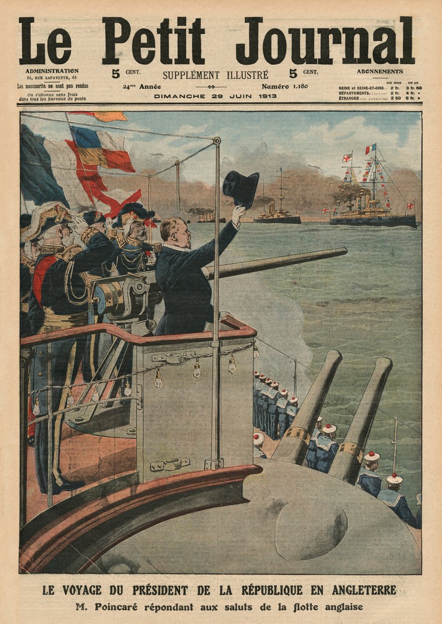 Raymond Poincares presidentresa till England, framsidans illustration från 