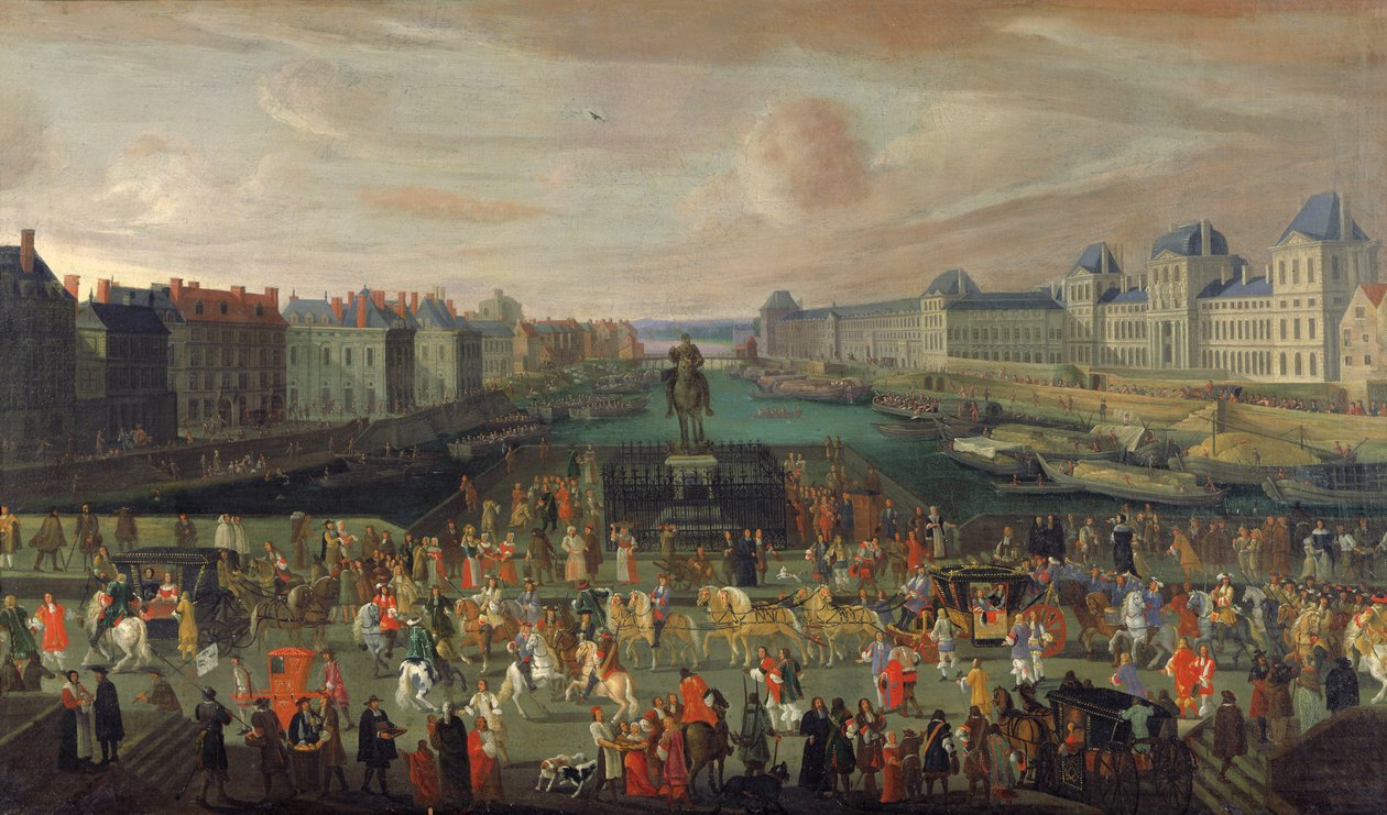 Ludvig XIV:s (1638-1715) procession över Pont-Neuf, 1665-69 av French School