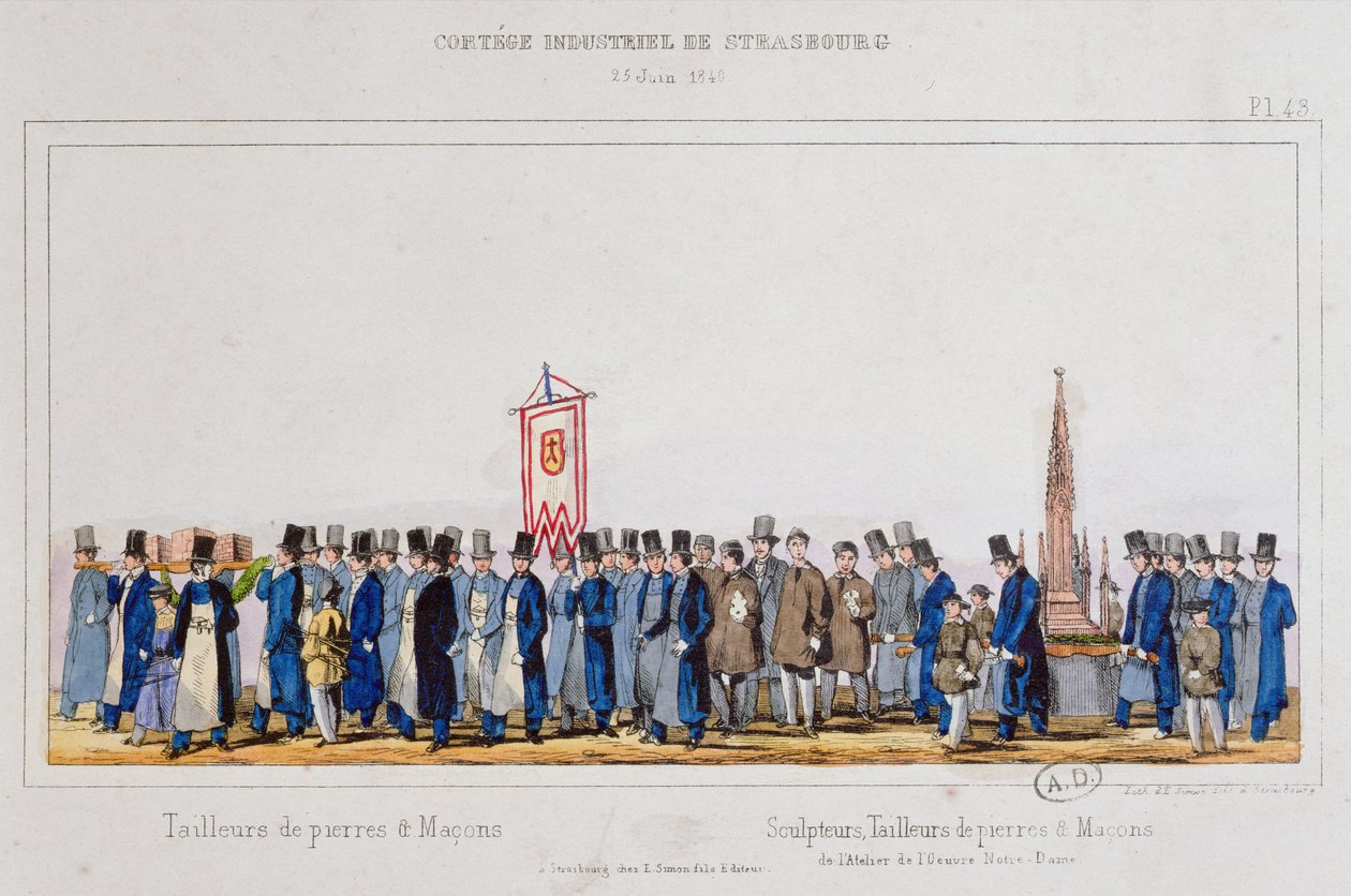 Procession av stenarbetarna och murarna i Strasbourg, 25 juni 1840 av French School