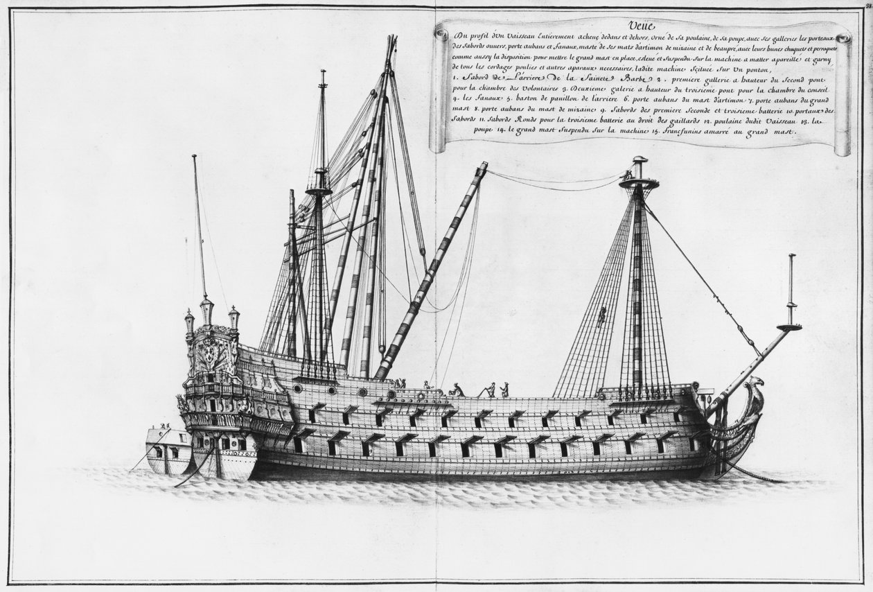 Profil av ett helt färdigbyggt fartyg på insidan och utsidan, illustration från "Atlas de Colbert", plansch 38 (blyerts och wc på papper) av French School