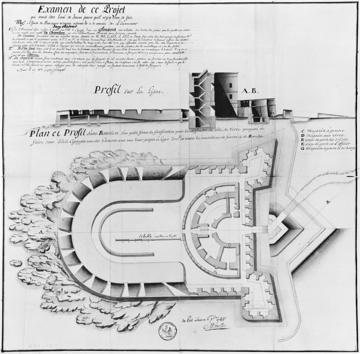 Projekt av ett fort på Ile Cigogne, Archipel des Glenan, 1745 (penna och wc på papper) av French School