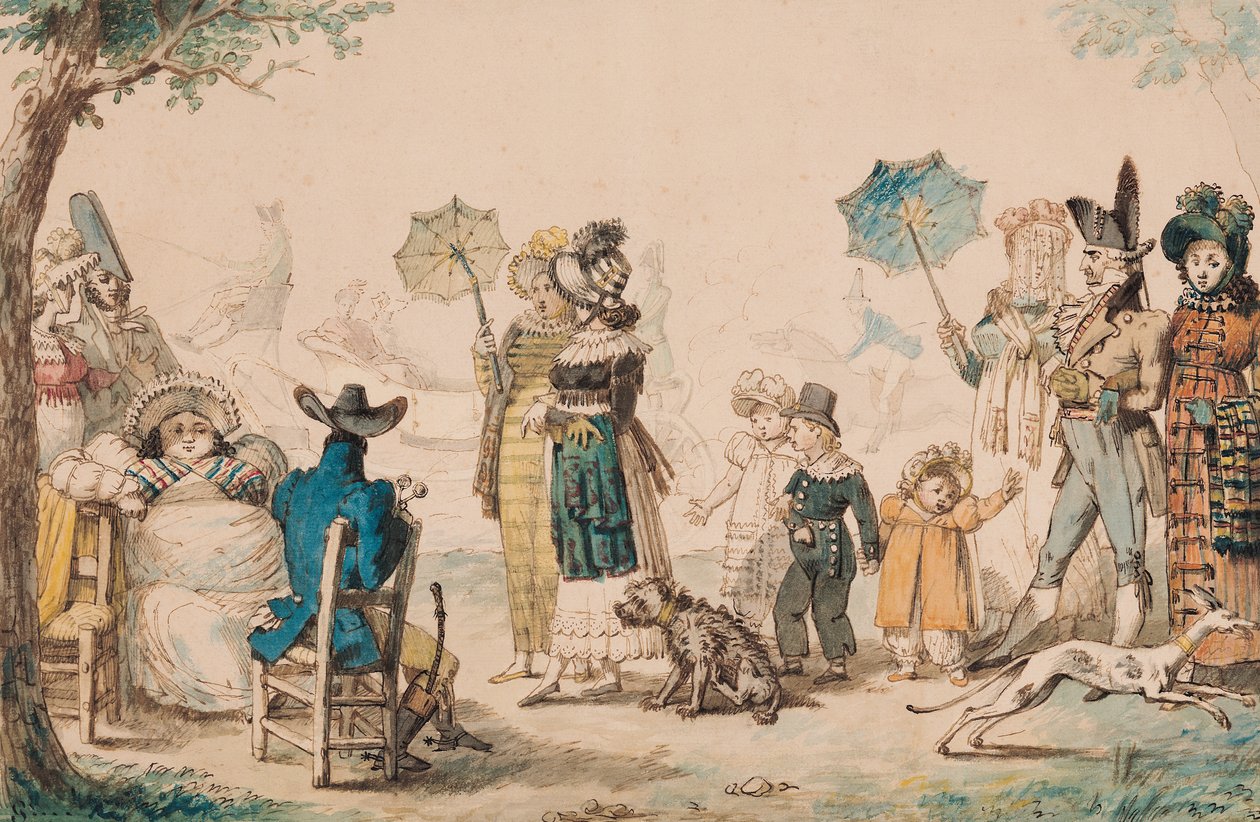 Promenade på Champs-Elysees, 1811 (penna och bläck och akvarell på papper) av French School