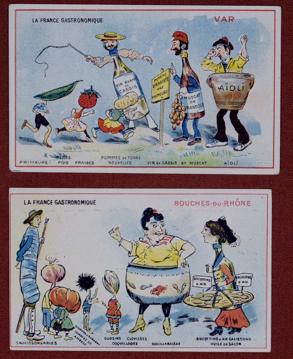 Reklam- och utbildningskort för barn som visar matspecialiteter från regionerna Var och Bouches-du-Rhone, ca 1910 av French School
