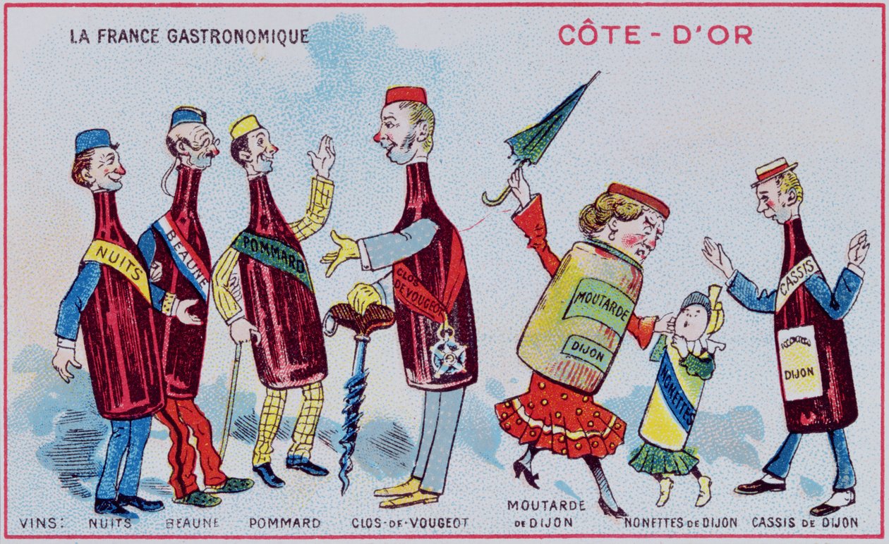 Reklam- och utbildningskort för barn som visar matspecialiteter från Cote-DOr-regionen, ca 1910 av French School