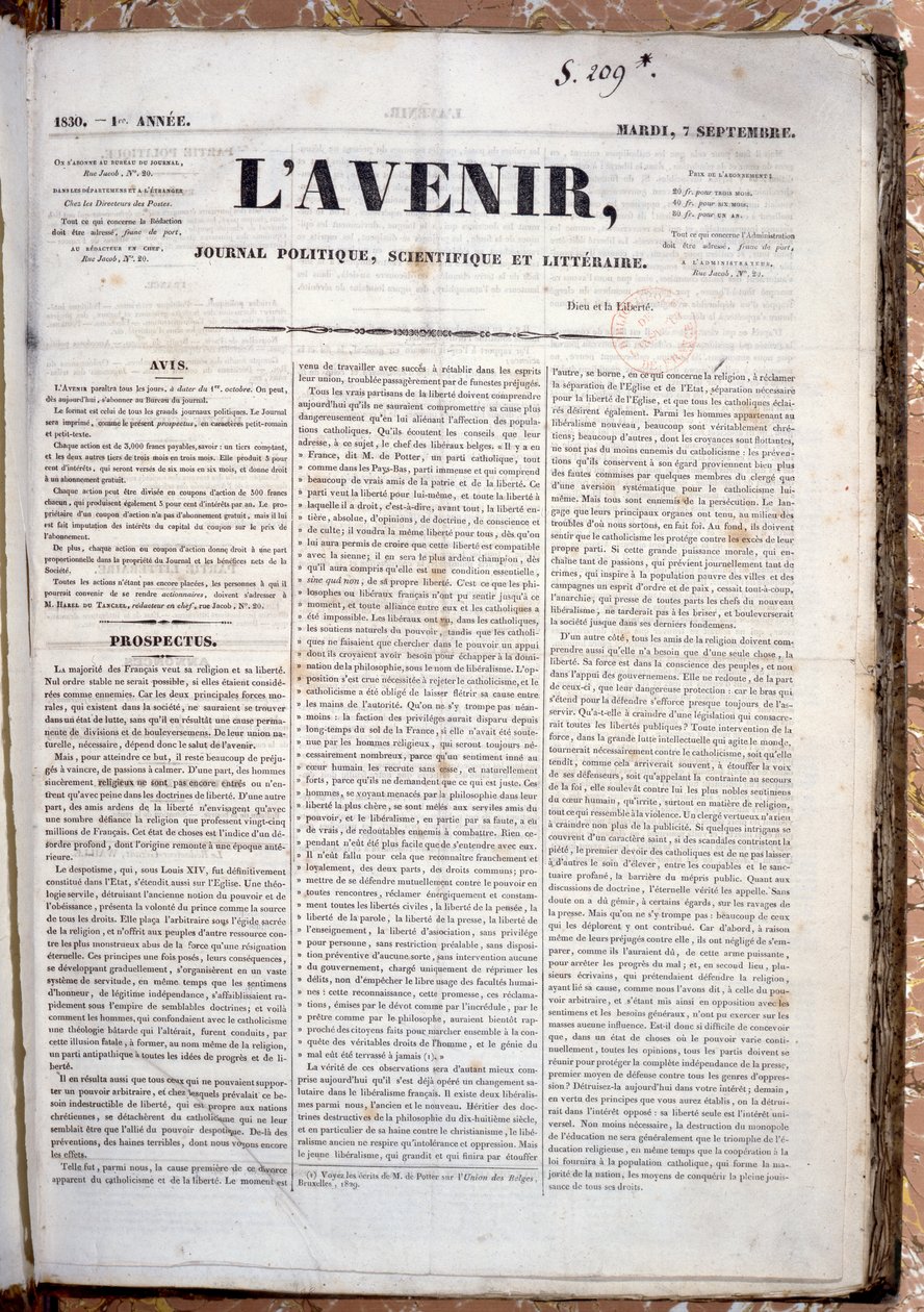 Prospekt som annonserar den kommande publiceringen av Journal LAvenir, 7 september 1830 (tryckt papper) av French School