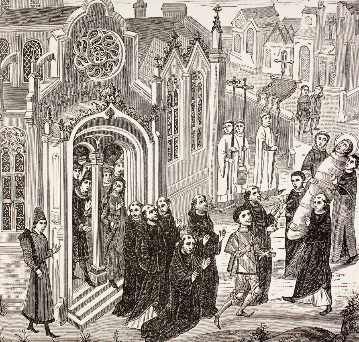 Borttagning av Maria Magdalenas kropp till klostret Vezelay, från "Militärt och religiöst liv under medeltiden" av Paul Lacroix, publicerad i London ca 1880 av French School