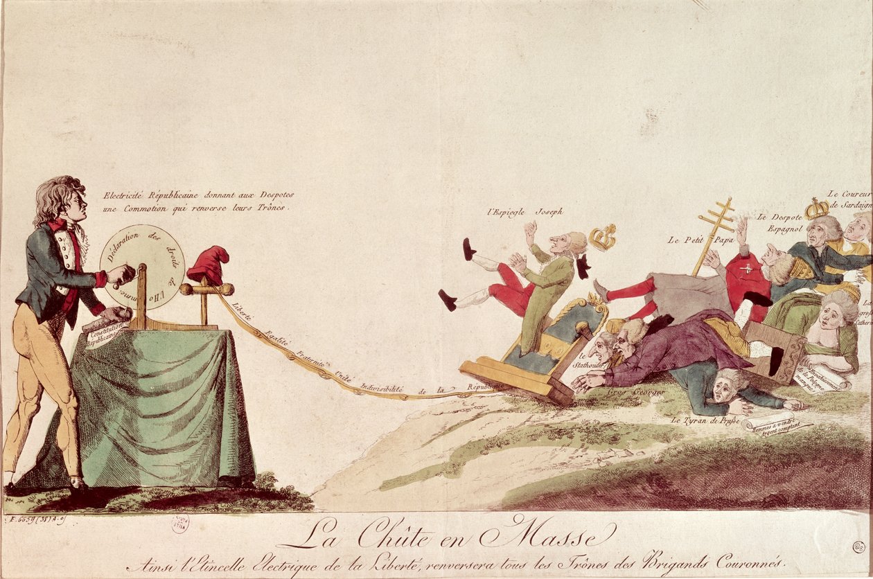 Revolutionär tecknad serie som skildrar "Frihetens elektriska gnista som kommer att störta alla korrupta monarkers troner", 1793 av French School