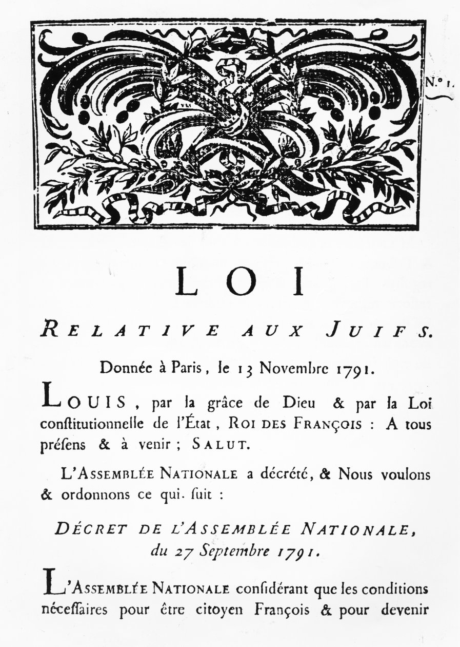 Kungligt dekret om frigörelse för alla judar i Frankrike, genom dekret från nationalförsamlingen, 27 september 1791 (faksimil) (se även 695056) av French School