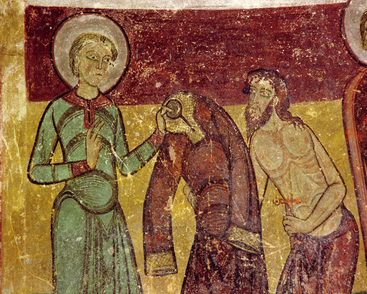 Saint Giles ger sin mantel till den sjuke tiggaren, 1100-talet av French School