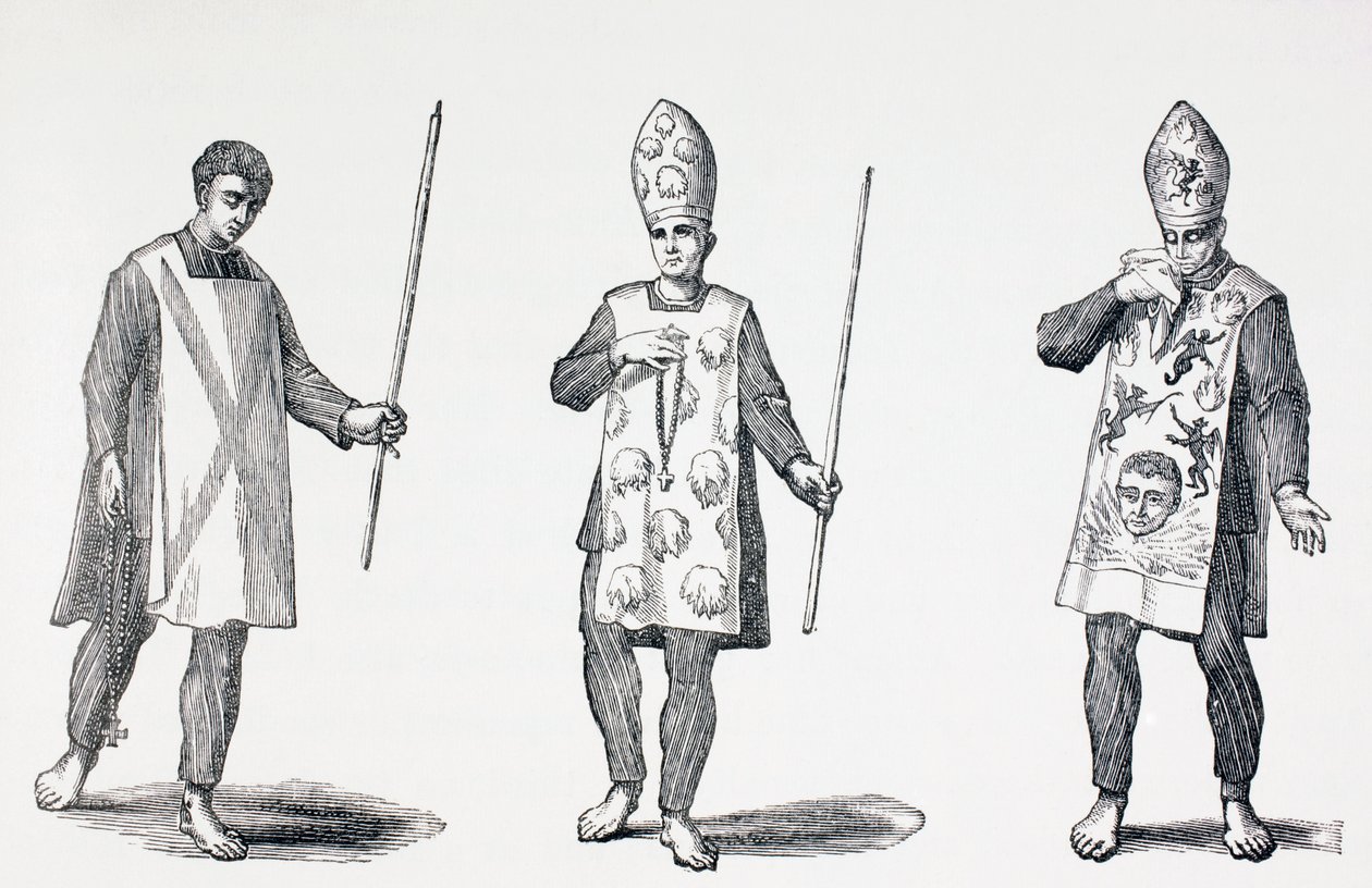 Sambenitos som bärs av Auto-da-Fe ångerfulla, från "Militärt och religiöst liv i medeltiden" av Paul Lacroix, publicerad i London ca 1880 av French School