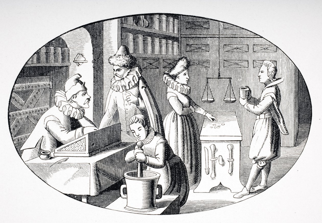 Butik för en livsmedelshandlare och apotekare på 1600-talet, från "Le Moyen Age et La Renaissance" av Paul Lacroix (1806-84), publicerad 1847. av French School