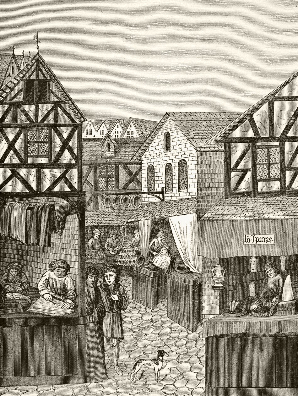 Butiker på en apotekargata, från "Science and Literature in the Middle Ages" av Paul Lacroix (1806-84) publicerad London 1878 av French School