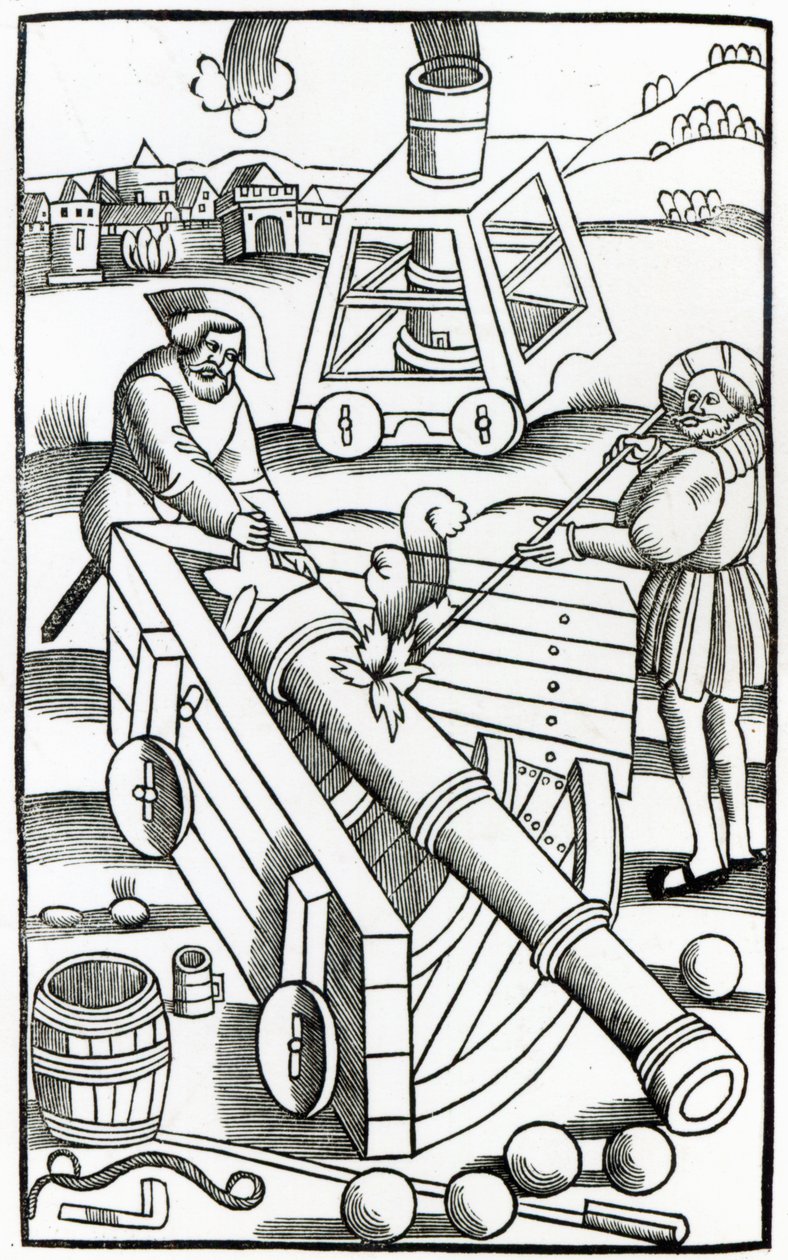 Soldater som avfyrar en kanon, illustration till "De re Militari" av Publius Flavius Vegetius Renatus (fl.390), tryckt av Christian Wechel, Paris 1532. av French School