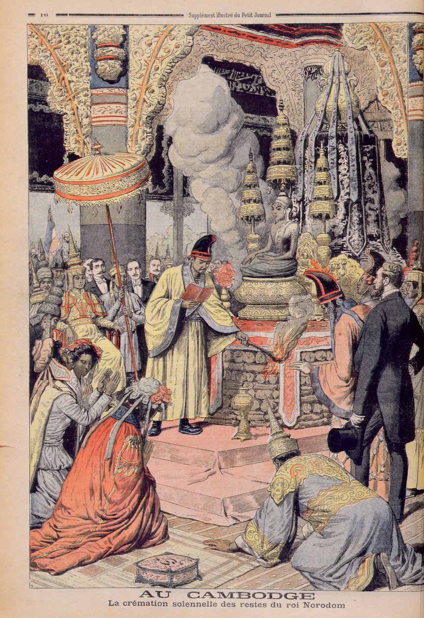 Högtidlig kremering av kung Norodom I (1835-1904) kung av Kambodja, illustration från 