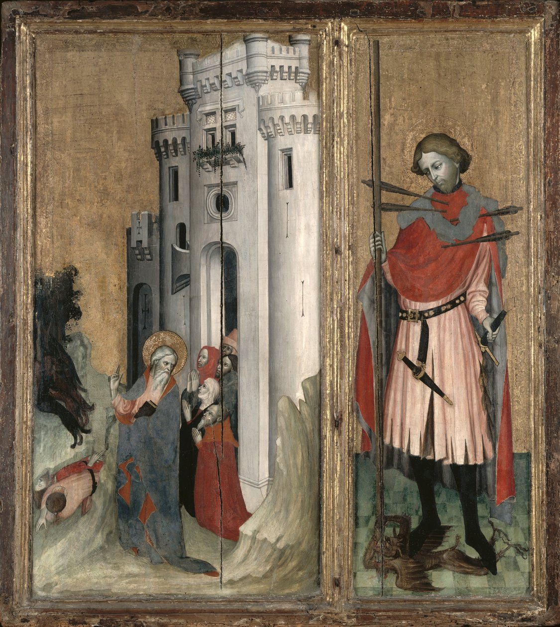 Sankt Andreas som jagar demoner från staden Nicaea och Sankt Sebastian, högra panelen i Thouzons altartavla, School of Provence (tempera på panel) av French School