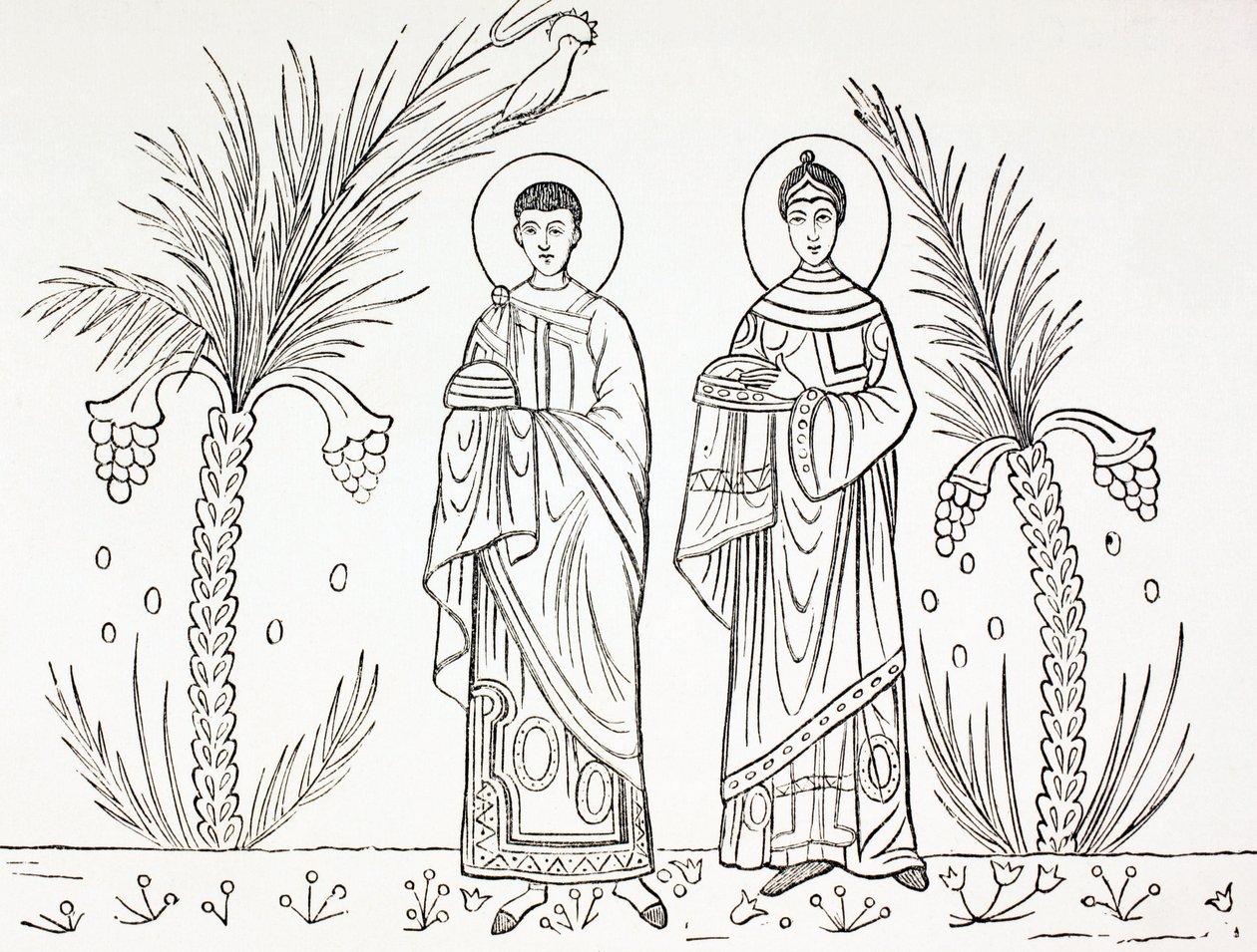 St. Cecilia och hennes man Valerianus, från "Militärt och religiöst liv i medeltiden" av Paul Lacroix, publicerad i London ca 1880 av French School