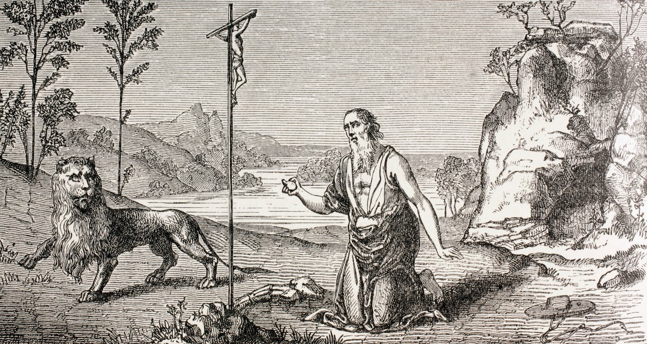 St. Hieronymus i öknen Chalcis, från "Militärt och religiöst liv under medeltiden" av Paul Lacroix, publicerad i London ca 1880 av French School