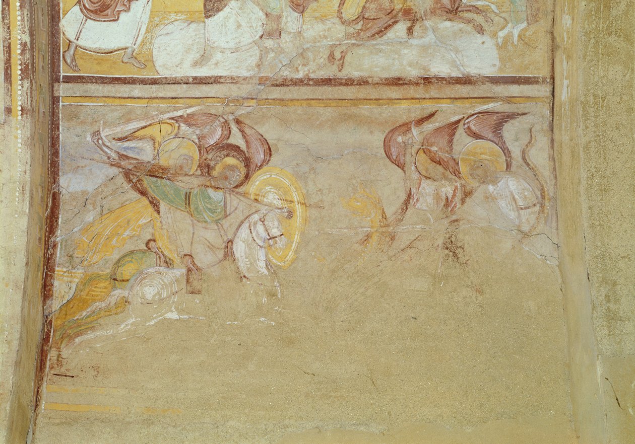 St. Michael and the Angels Fighting the Dragon, detalj av Apokalypsen från narthexen, ca 1100 (fresk) av French School