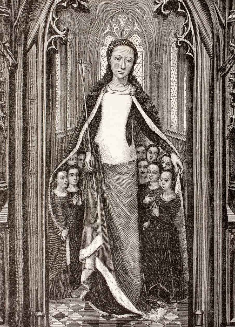 St. Ursula håller en pil, symbolen för hennes martyrskap, och skyddar jungfrur under sin mantel, från 