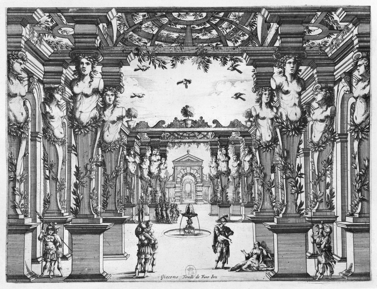 Scenografi av Giacomo Torelli (1608-78) för "Mirame" framförd 1641 på Theatre Petit Bourbon i Paris av French School