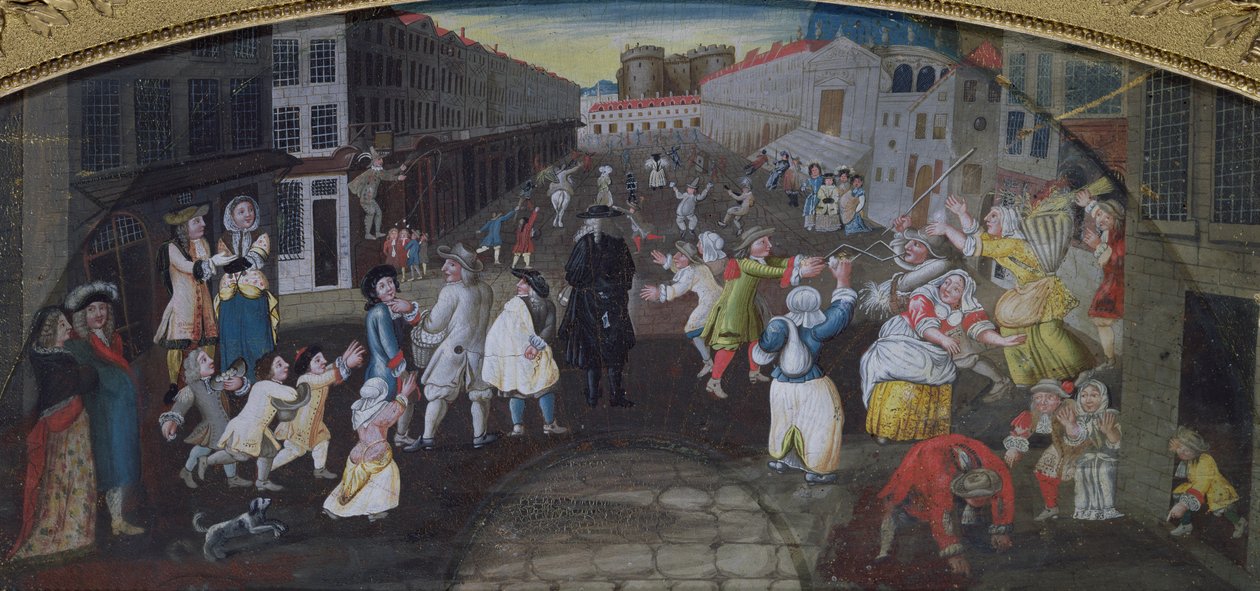 Gatuartister på Carnival Populaire, Rue Saint Antoine, c.1670 av French School