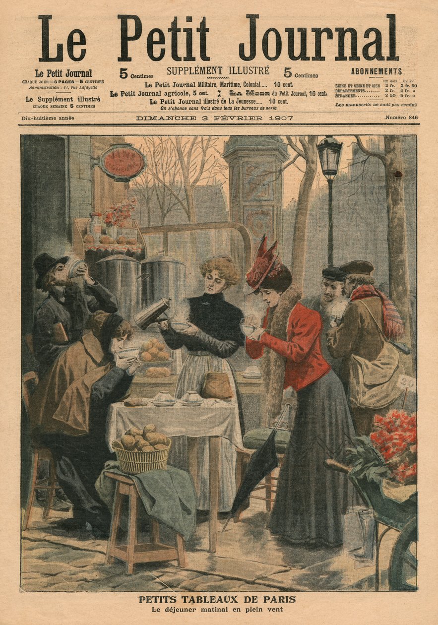 Gatuscener i Paris, frukost under bar himmel, illustration från 