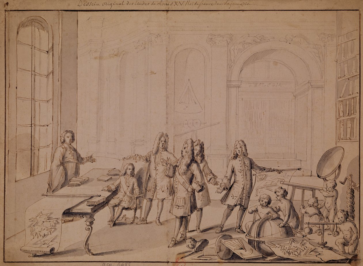 Studie för en lektion som ges till den unge Ludvig XV (1710-74) (penna och bläck och tvätt på papper) (se även 162667) av French School