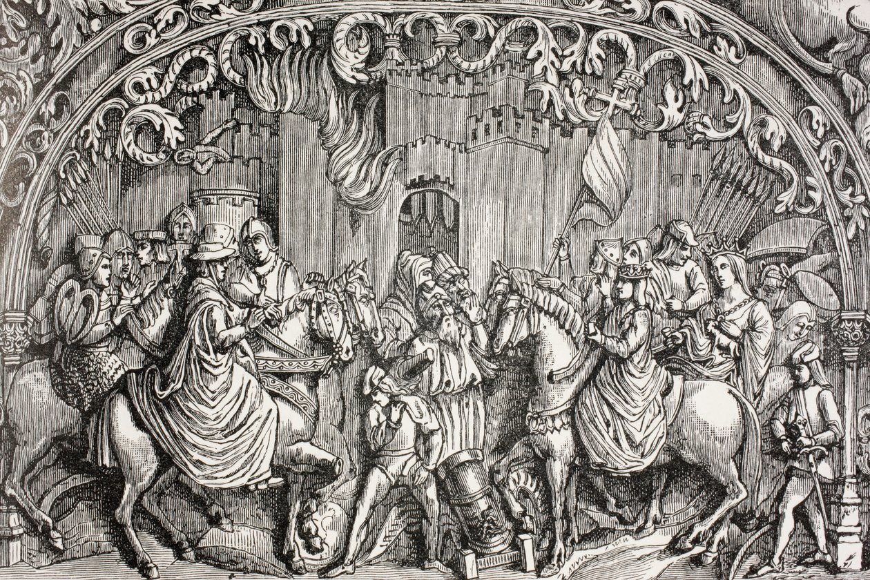 Överlämnande av Montefrio nära Granada, Spanien 1486, från "Militärt och religiöst liv under medeltiden" av Paul Lacroix, publicerad i London c.1880 av French School