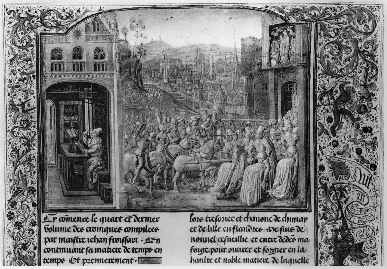 T.4 fol.1 L: Froissart skriver sin krönika, R: Isabella av Bayern (1371-1435) på väg in i Paris 1389, från Froissarts krönika, 1472 av French School