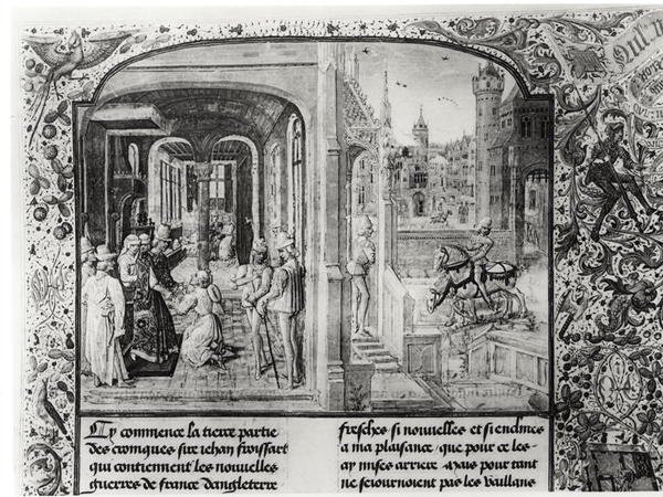 T.III fol.1 Froissart mottagen i Orthez av greve Gaston de Foix, till vilken han ger brevet från Guy de Blois, från Froissarts Chronicle av French School