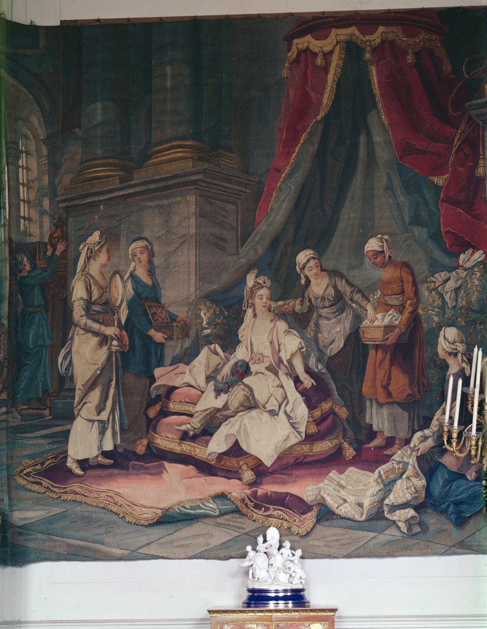 Gobeläng från serien Turkish Costume efter tecknade serier av A.Van Loo, 1722-76 (textil) av French School