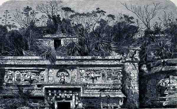 Tempelbyggnad öster om nunneklostret i Chichen Itza, från The Ancient Cities of the New World, av Claude-Joseph-Desire Charnay, pub. 1887 av French School