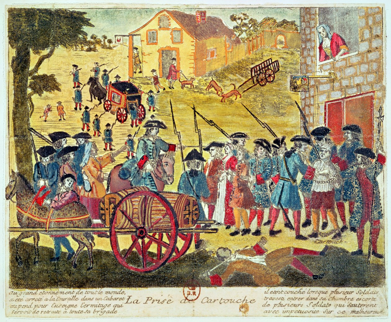 Arresteringen av Louis Dominique Cartouche (1693-1721) (gravyr och wc på papper) av French School
