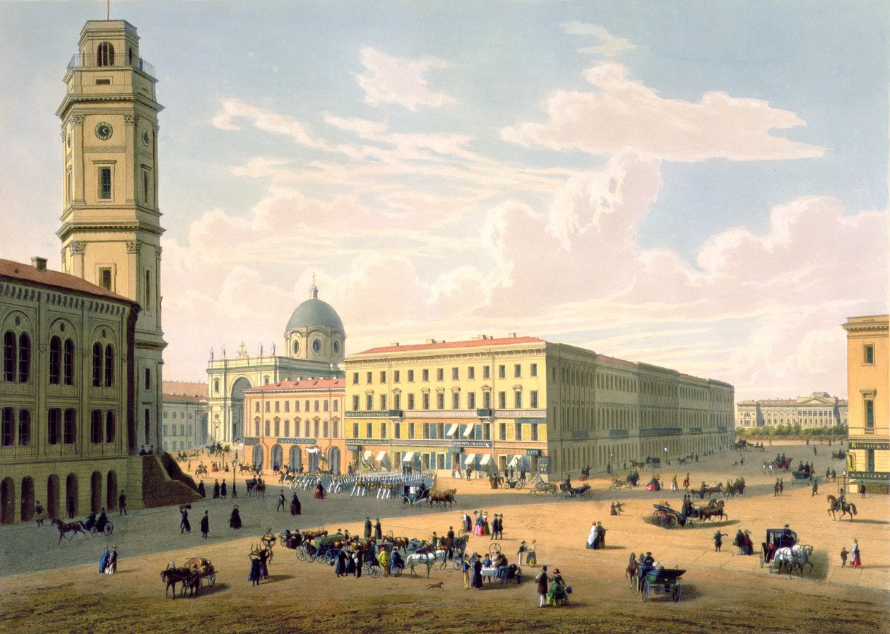 Den katolska kyrkan och Mikhailovskaya Street i St. Petersburg, tryckt av J. Jacottet och Regamey, utgiven av Lemercier, Paris, 1850-talet av French School