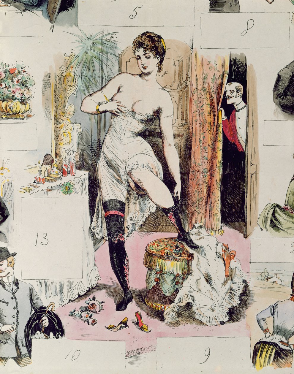 Korsetten, illustration från La Vie Parisienne, c.1875 (färggravyr) av French School