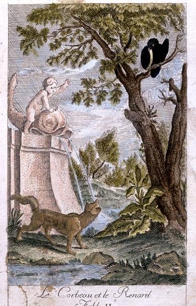 Kråkan och räven, illustration efter fabeln av Jean de la Fontaine (1621-95) 1776 av French School