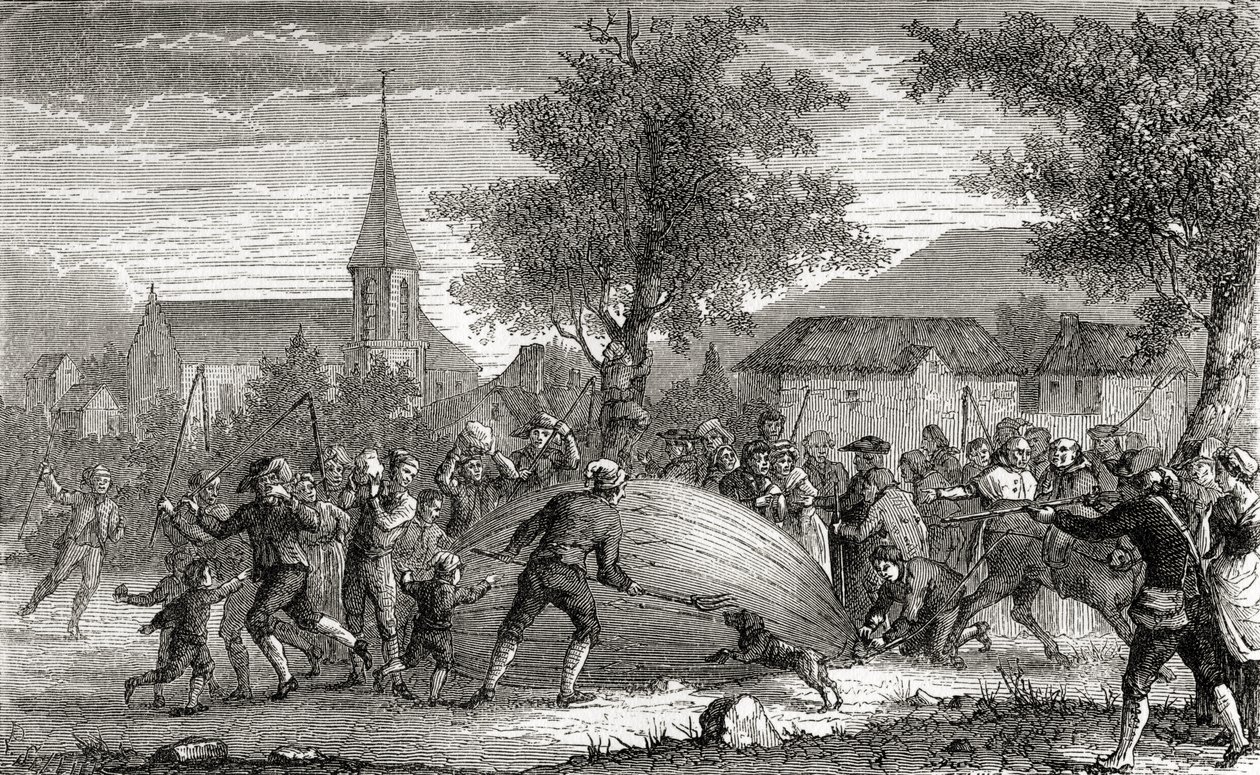 Förstörelsen av Charles ballong, Paris, 27 augusti 1783, från "Wonderful Balloon Ascents or the Conquest of the Skies", av Fulgence Marion, publicerad omkring 1870. av French School